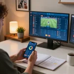 Kèo nhà cái hôm nay displayed on multiple screens, demonstrating engaging betting strategies and real-time updates in an inviting home office