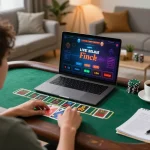 Pessoa jogando blackjack com dealer ao vivo do HH55 online, exibindo anotações de estratégia de apostas em um ambiente aconchegante em casa.
