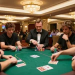 Players in a Go8 poker game at an upscale casino, showcasing intense gameplay and vibrant decor.