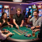 Experience the thrill of man88 at a lively casino gaming scene with friends enjoying blackjack.