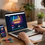 Jun88 Official user enjoying online casino gaming experience with laptop and smartphone at home