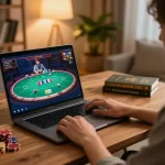 Player enjoying poker games on TG88 platform in a cozy home setting.