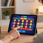 Player engaging in GG88 slot games on tablet, showcasing strategic online gaming environment
