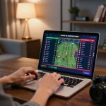 Excited player engaging in sports betting on 789win77 website on laptop.