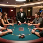 Winning moment at Jun88's exclusive poker game with high-stakes players in luxury setting