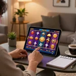 Engaging in nổ hũ 33win online slot gameplay on a tablet in a warm, inviting living room setting.