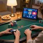 888NEW player engaging in an online poker game on a tablet, focused excitement in a cozy home setting.