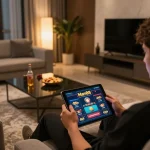 Engaged player enjoying man88 online casino gaming on a tablet in a cozy home