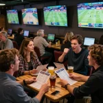 Soi kèo betting action unfolds in a vibrant sports bar, fans watching live games and placing bets