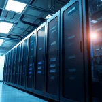 Showcase of adult web hosting infrastructure in a modern server room, highlighting sleek hardware.