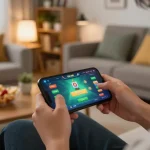 Engaging app tài xỉu online gameplay on smartphone in cozy living space, expressing strategic gaming enjoyment.
