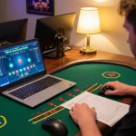 Player enjoying an online blackjack game with hbet interface on screen, showcasing intense gaming moments