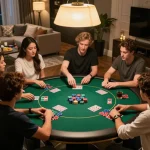 Hitclub players enjoying a home poker night with chips and cards, depicting a social gambling atmosphere.