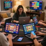 Engaged players enjoying JJNN's online slots with vibrant graphics in a cozy gaming space.