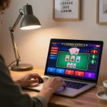 Engaging in kp88 bet on a laptop while enjoying a stylish home office setting.