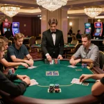 688v players engaging in a high-stakes poker game at a luxurious casino, showcasing strategic gameplay.
