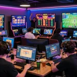 Players engaged in various online games on AQ777 platform with vibrant atmosphere.