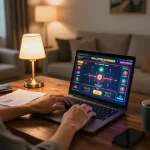 Engaged player at nhà cái VIC88 online casino on a laptop with vibrant game interface.