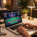 Engaging in online blackjack strategy with gk888 gaming setup at home.