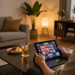 Engaged player enjoying oxbet casino on tablet in cozy home setting while snacking and strategizing.