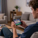 Player engaging with the jogoluck app on smartphone, enjoying a lively online gambling experience from home.