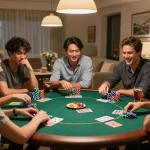 Players enjoy a spirited poker game at home while engaging with friends using the 79club platform, capturing a lively atmosphere.