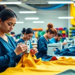 Apparel Manufacturer showcases artisans creating high-quality garments in a vibrant workshop.