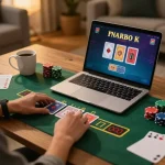 Player enjoying mk8 online blackjack, with live dealer on laptop and strategic notes around