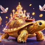 Experience the excitement of GEM88 with a vibrant casino scene featuring a golden tortoise and dynamic slots.