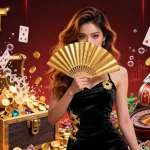 Experience the excitement of 3BET with a captivating illustration of a glamorous Asian casino queen amidst a vibrant gambling scene.