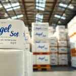 View of Angel Soft Toilet Paper Pallets stacked, showcasing quality and softness.