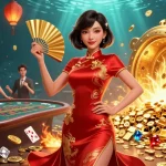 Experience Topbet's live casino excitement with a radiant Asian woman amid floating coins.