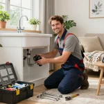 Encanador providing plumbing services in a modern home, showcasing tools and a friendly atmosphere.