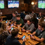 Patrons placing bets on mobile devices at a vibrant sports bar, showcasing the excitement of 99ok betting.