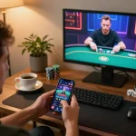 Nohu90 user enjoying a thrilling mobile casino game experience on their smartphone during a cozy home setup