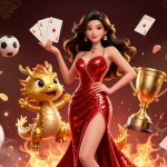 Bet on exciting games with 39bet featuring a glamorous character, golden dragon, and dynamic sports elements.