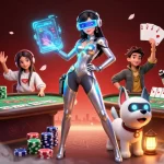 Experience vibrant action at alo8 nhà cái with a dynamic scene of gambling excitement, featuring poker chips and holographic interfaces.