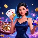 Participe de jogos emocionantes no ap777, com um jogador confiante segurando um aplicativo de cassino e uma ficha dourada.