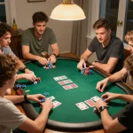 Players enjoy an engaging poker game at home while strategizing their next moves at vip66 table.