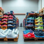 Showcasing Best Adidas Shoe Pallets with 100 pairs organized in a vibrant warehouse.