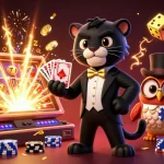 Experience the excitement of link OXBET with a panther dealer, owl, and lucky mouse in a vibrant casino scene.