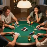 Engaged players enjoying a home poker night with slot88 action and colorful chips.