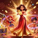 Experience thrilling wins with 7mcn in a vibrant casino scene filled with golden coins and gems.