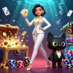 Experience kèo nhà cái with a glamorous woman and black cat at a vibrant casino scene.