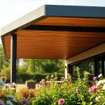 Gestalten Sie Ihre Terrassenueberdachung Ungarn mit eleganten modernen Designs auf einem bluehenden Garten.
