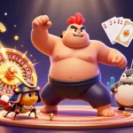 Ga179 features an exciting scene with a powerful rooster and samurai cricket amidst a dynamic casino environment.