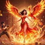 Experience the excitement of sky88 with a vibrant representation of a stunning Asian woman, fiery phoenix, and gambling elements.
