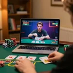 Player enjoying cm88 live dealer blackjack on a laptop, showing an engaging and strategic gambling experience.