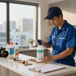 Dedetizadora technician applying eco-friendly pest control solutions in an urban kitchen setting.