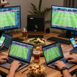 Friends engaged in nhan dinh keo nha cai while analyzing football match statistics at a lively online gaming interface.
